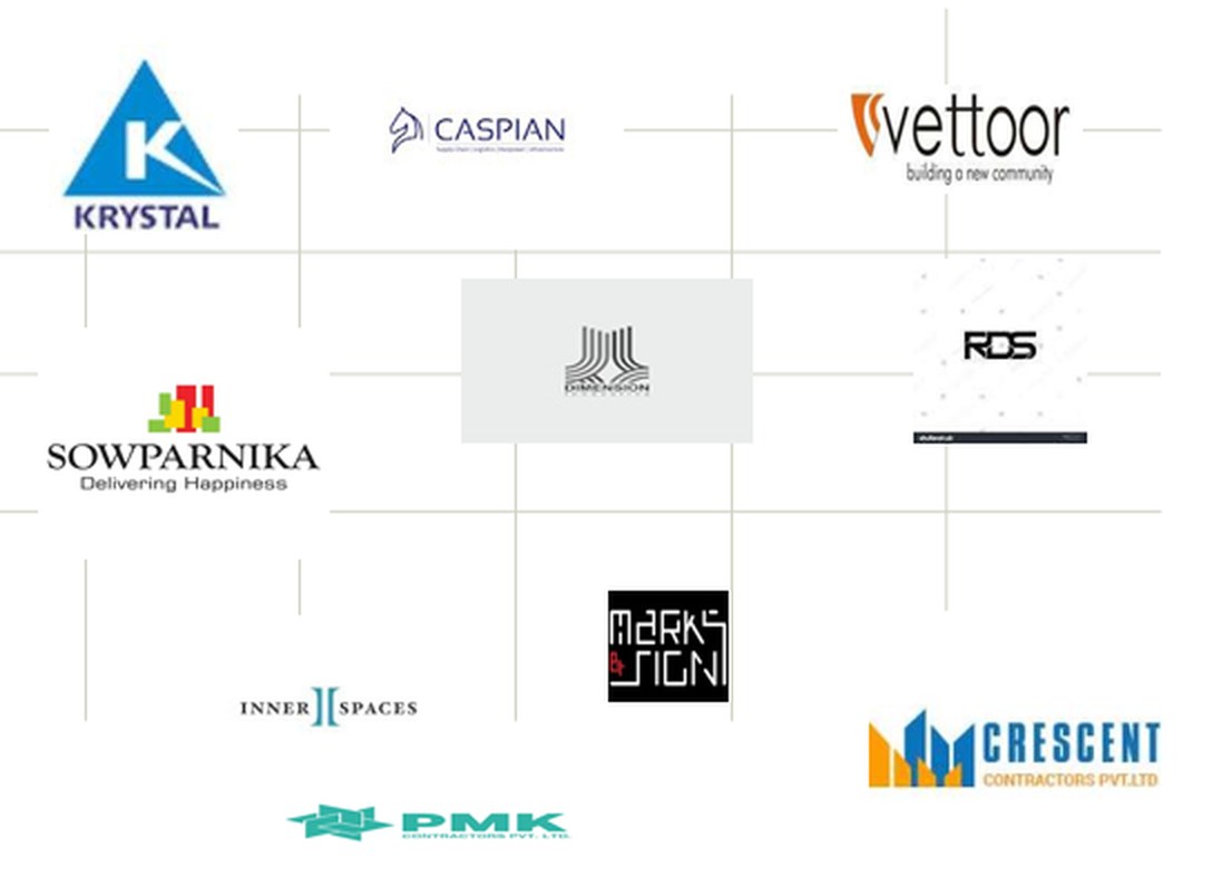 SAT PMC clients including Krystal, Caspian, Vettoor, Sowparnika, Dimension, RDS, Inner Spaces, Marks & Sign, Crescent Contractors and PMK Contractors